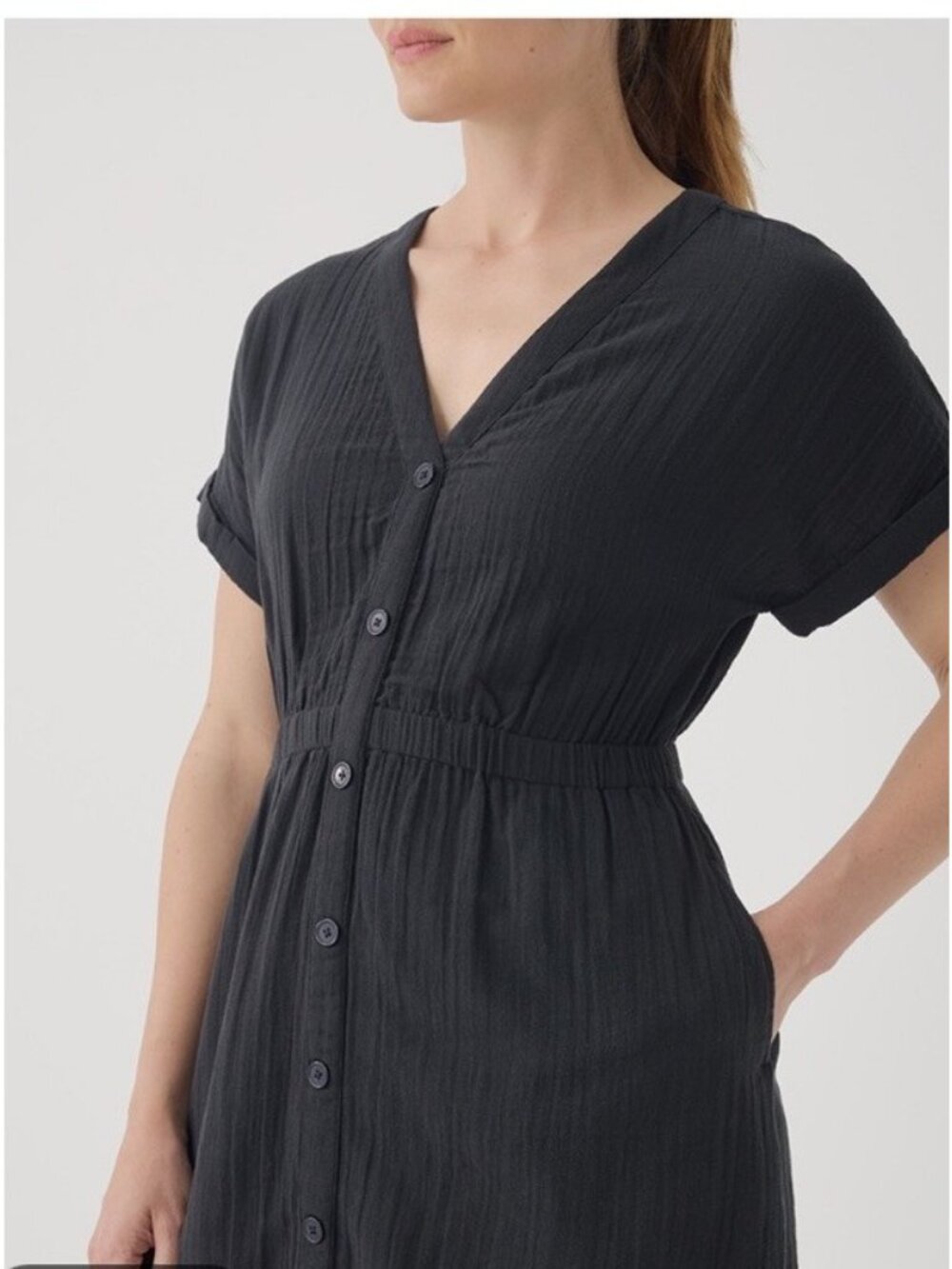 Women's Coastal Double Gauze Short Sleeve Dress In Green Gingham Check L Organic - Picture 8 of 8